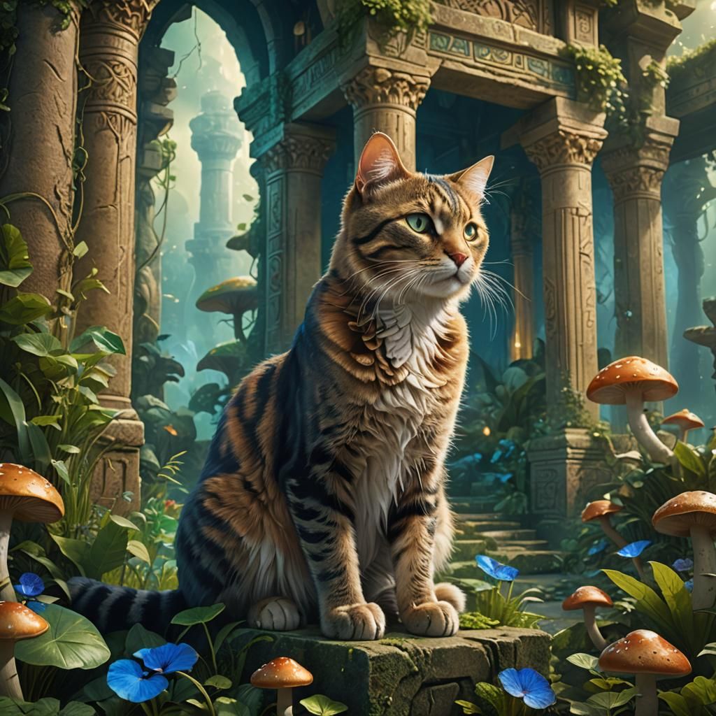 Cat in Mystical Temple: A Detailed Matte Painting