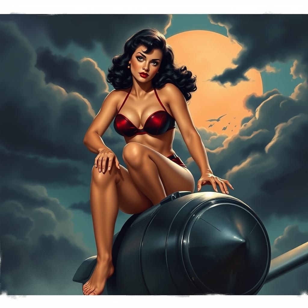 Vintage Pin-Up Girl Rides a Bomb in Greg Rutkowski Style