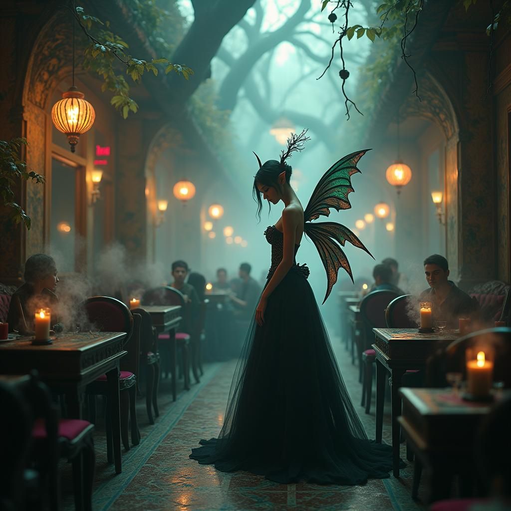 Mystical Fog-Shrouded Cafe with Voodoo Nymph