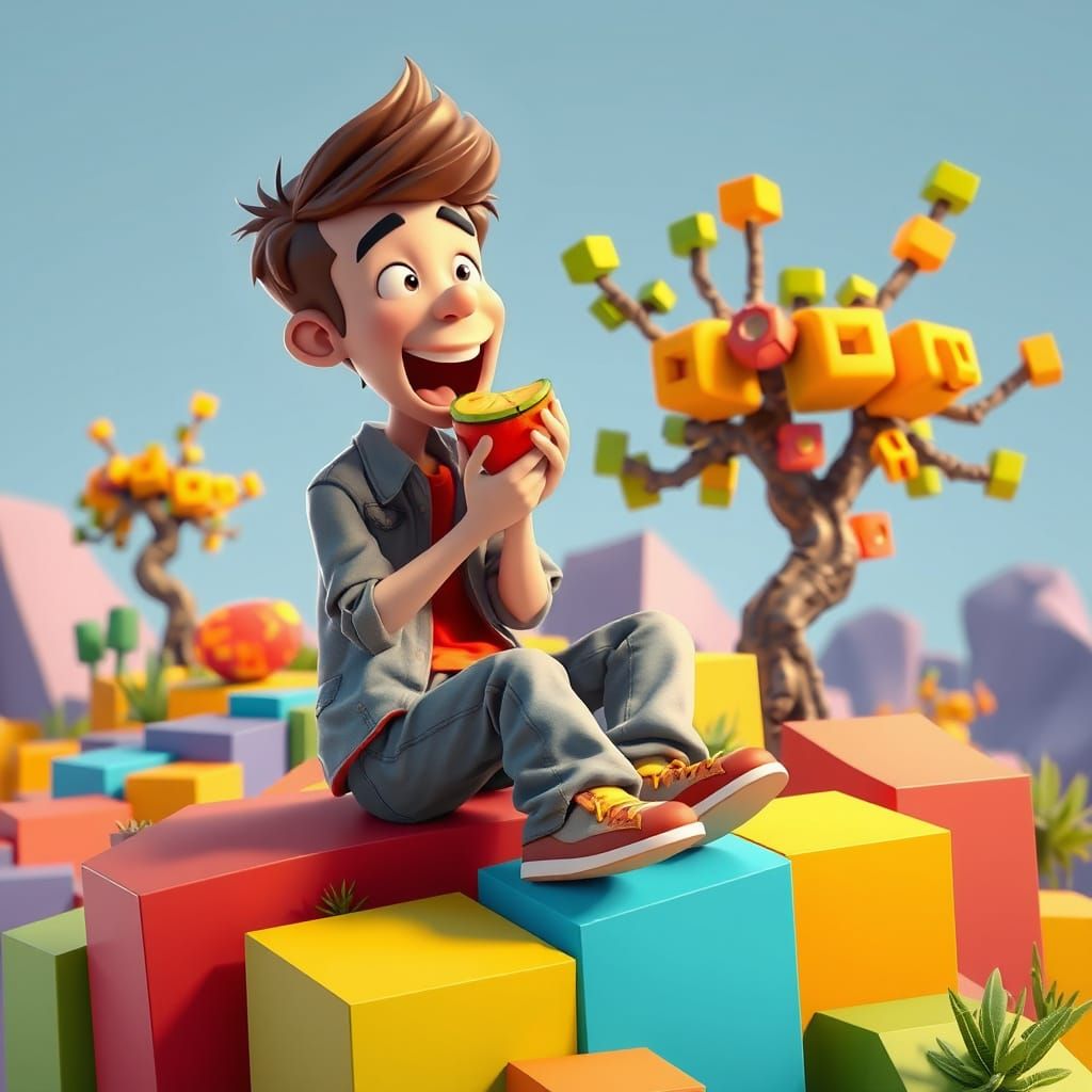 Blocky Terrain with Robotic Trees in 3D Art