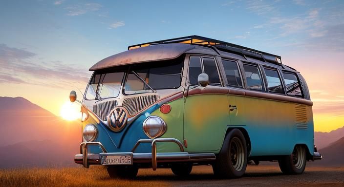Volkswagen Hippie Bus at Sunset: Detailed Matte Painting