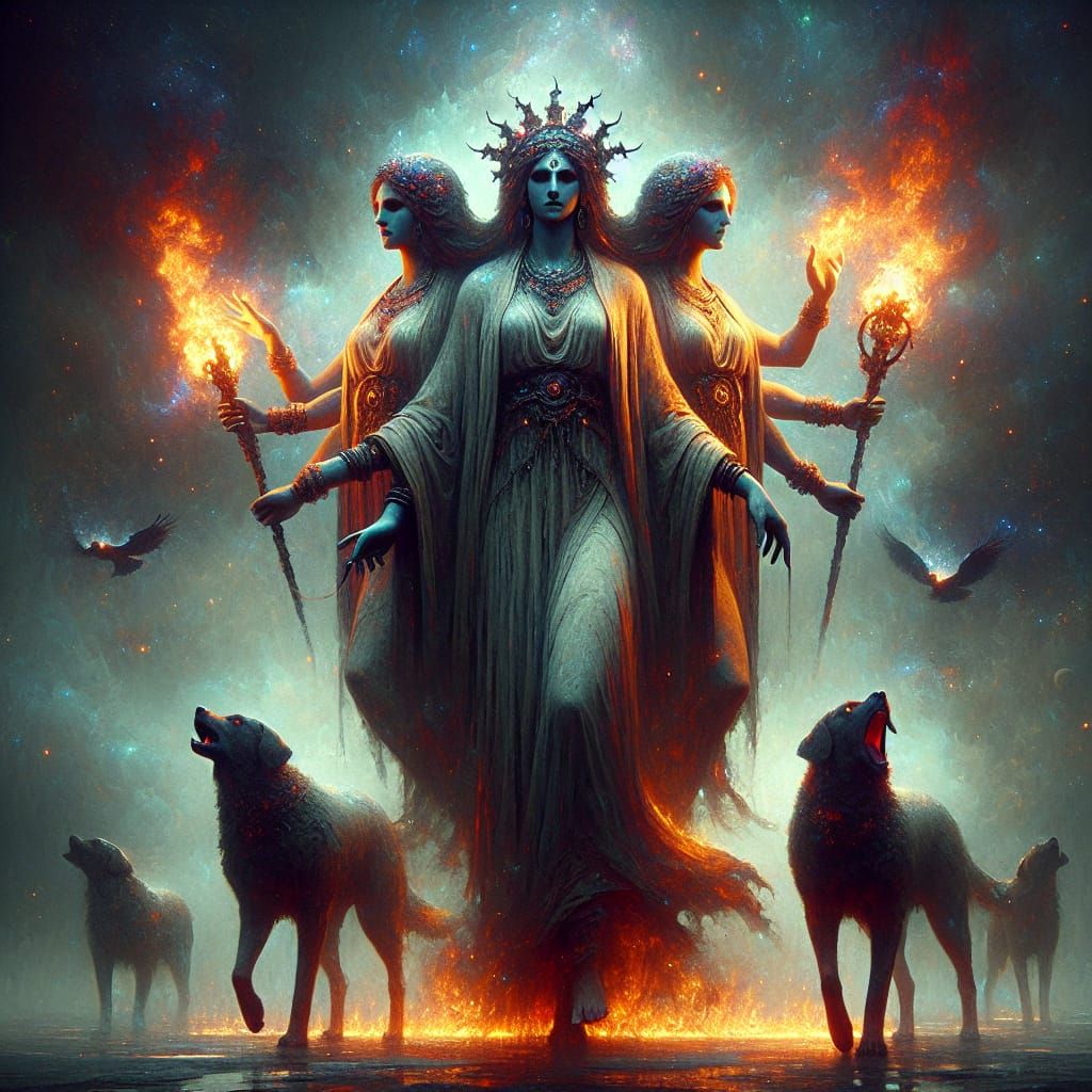 Triple-Formed Hecate with Torches: Matte Painting