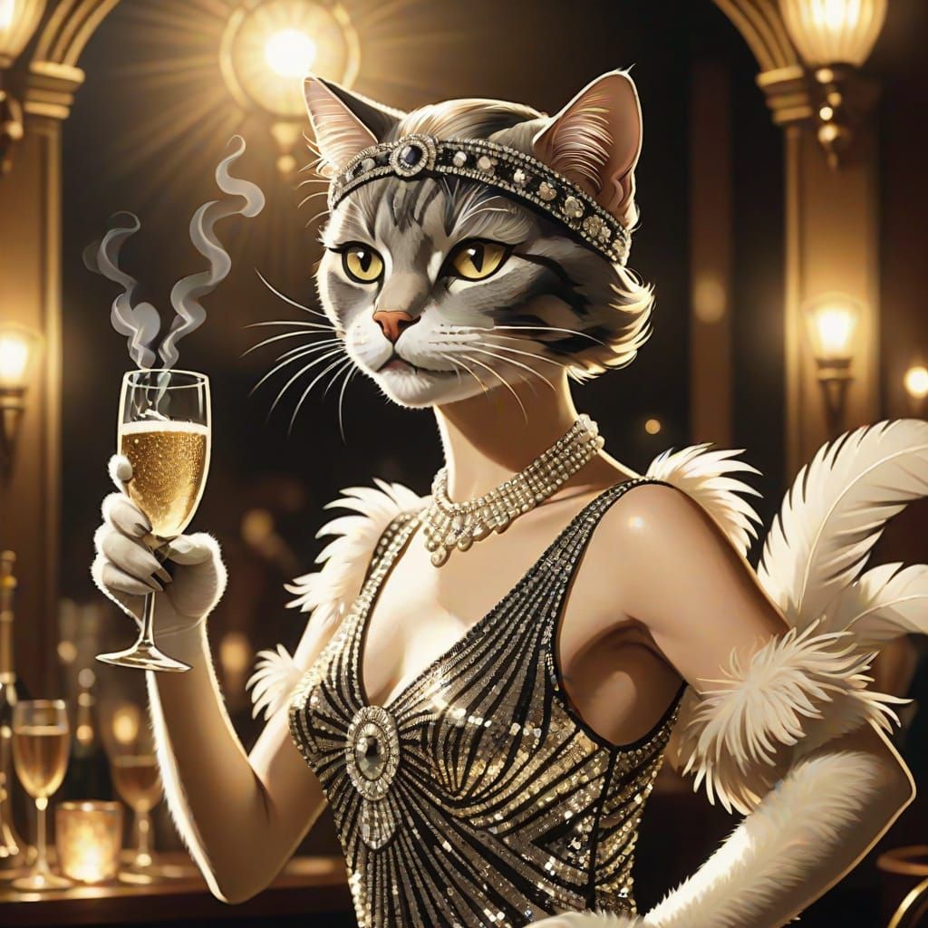 Flapper Cat Dances Charleston in Art Deco Style