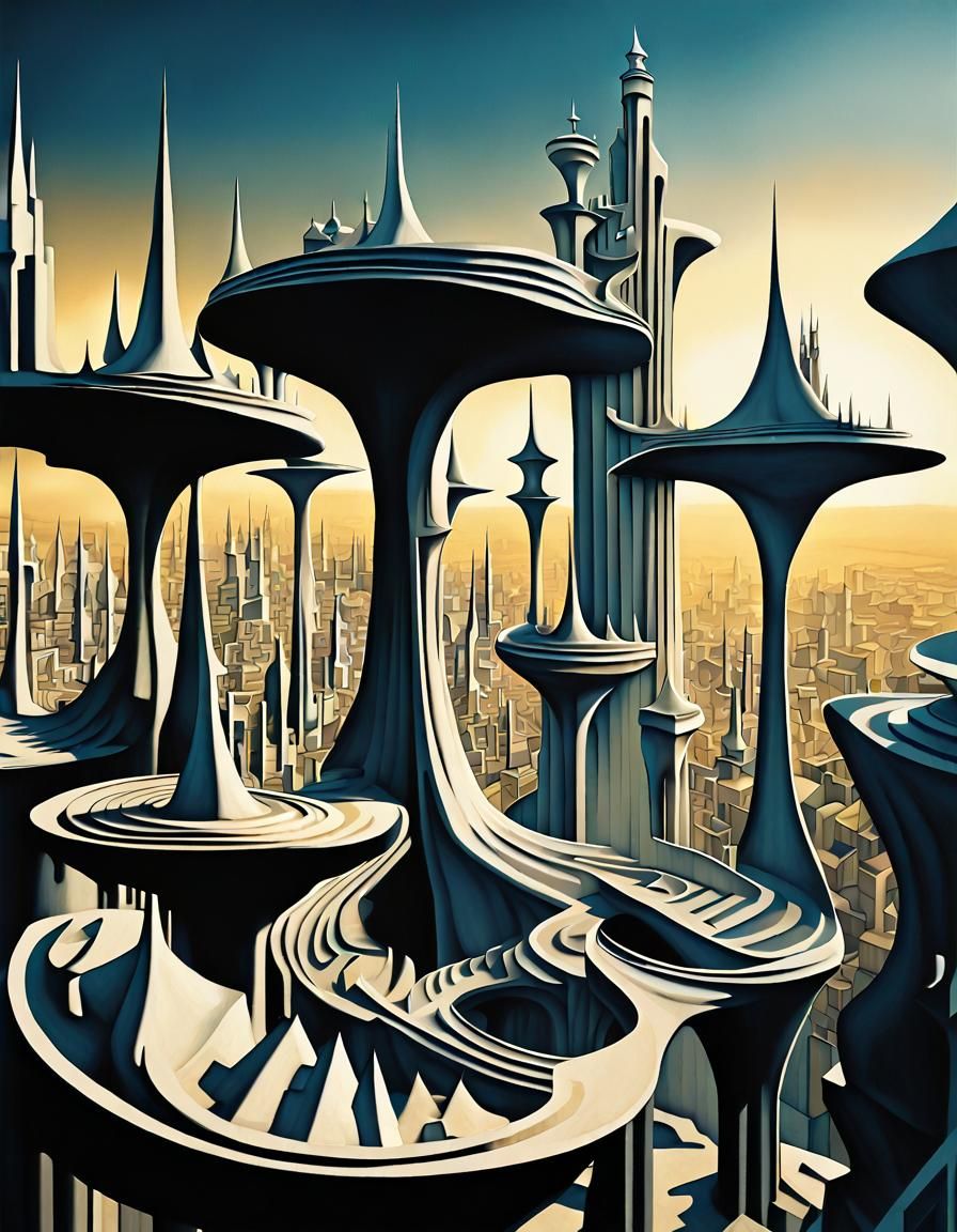 Angelic Cityscape with Cubist and Surreal Elements