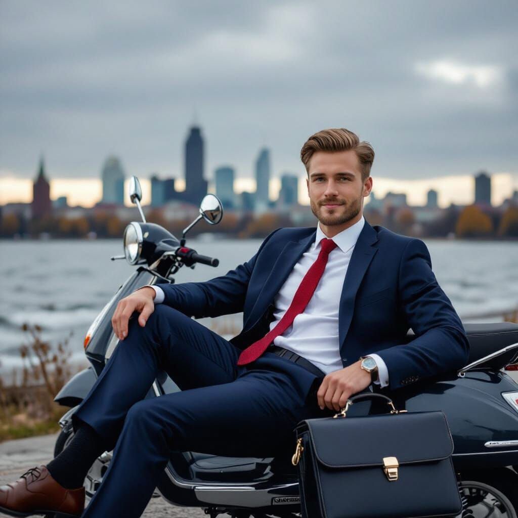 Stylish Man with Moped, Autumn Lake Photography