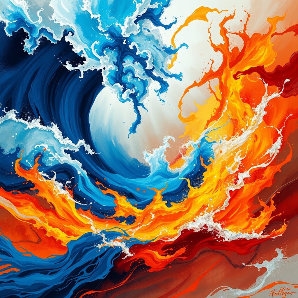 Surreal Elemental Clash: Water Versus Fire Battle