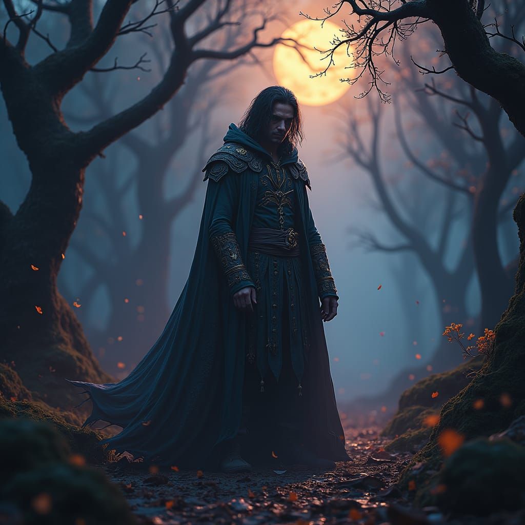 Melancholic Man in Twilight Realm, Art Nouveau Style