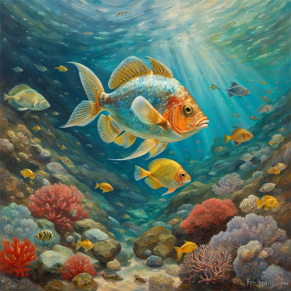 Glass Jewel Fish and Coral Reef in Oil Paint Style