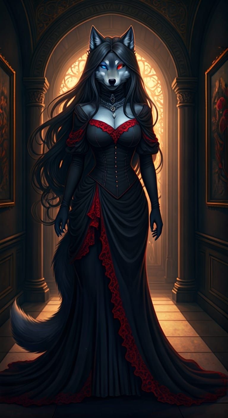 Elegant Anthro Wolf Woman in Victorian Dress