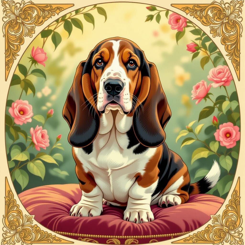 Art Nouveau Basset Hound with Floral Ears