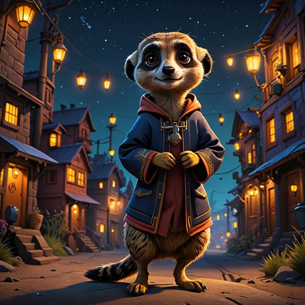 Scared Cartoon Meerkat Girl in Matte Painting Style