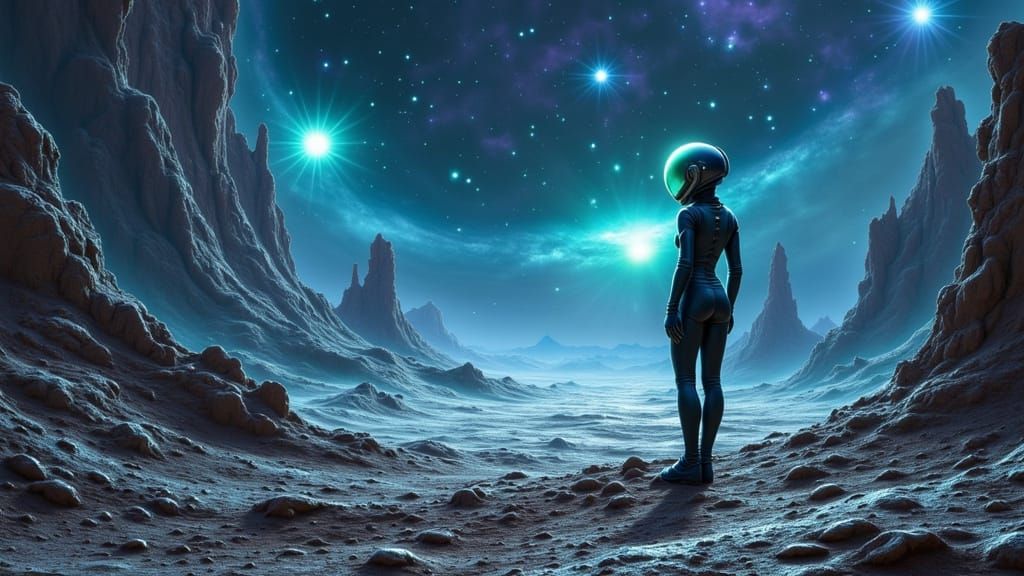 Astronaut Contemplates Nebula on Alien World