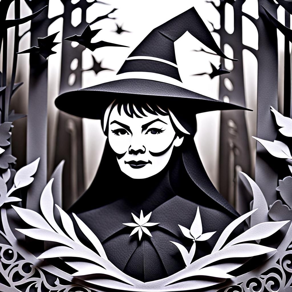 Grayscale Witch Portrait in Kirigami Diorama