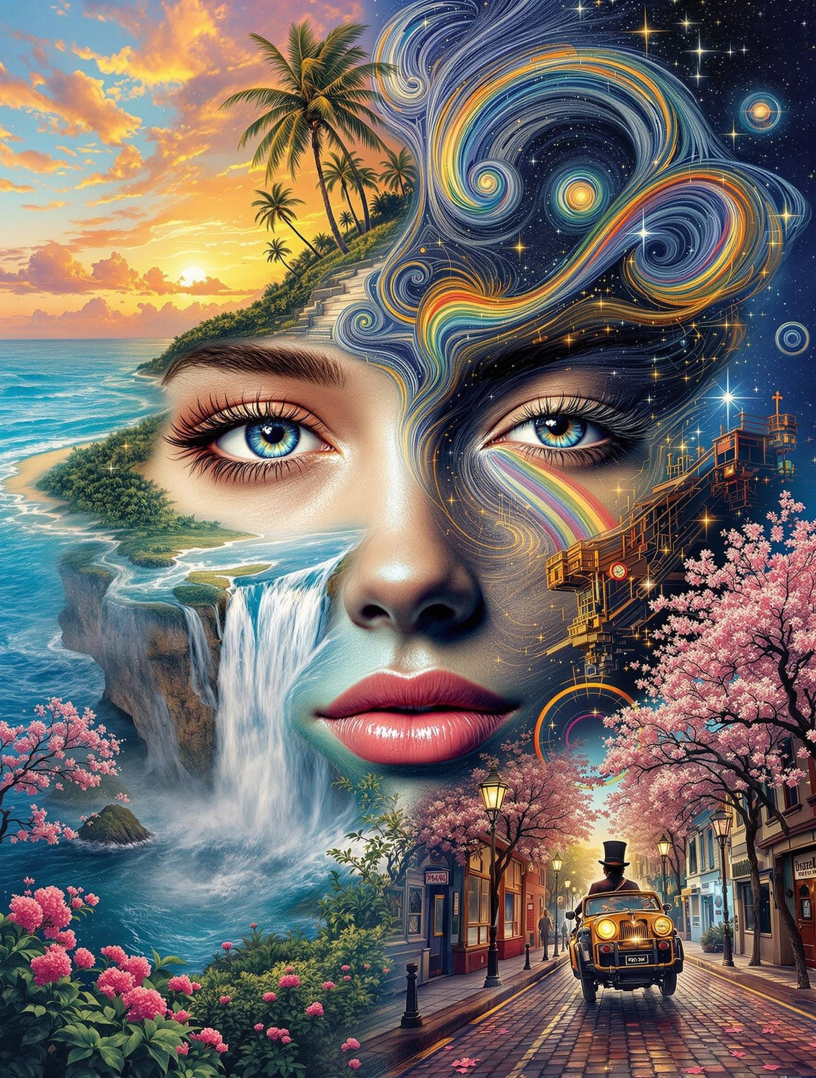 Surreal Face Portrait Collage in Vibrant Scenes