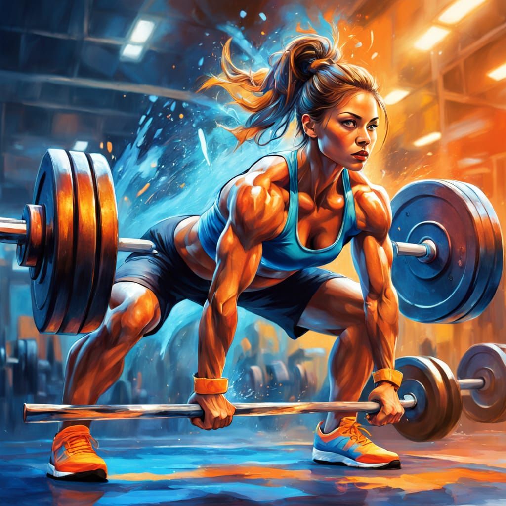 Muscular Woman Lifts Weights in Vibrant Gym Concept Art