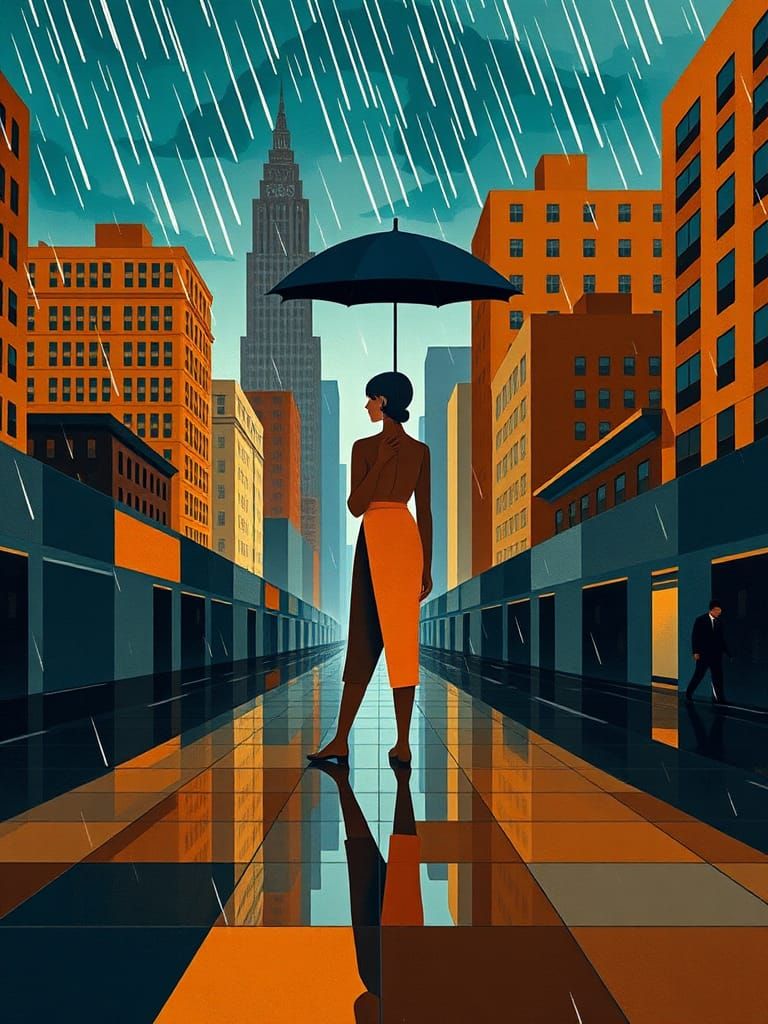 Geometric Art Deco Figure in Rainy Cityscape