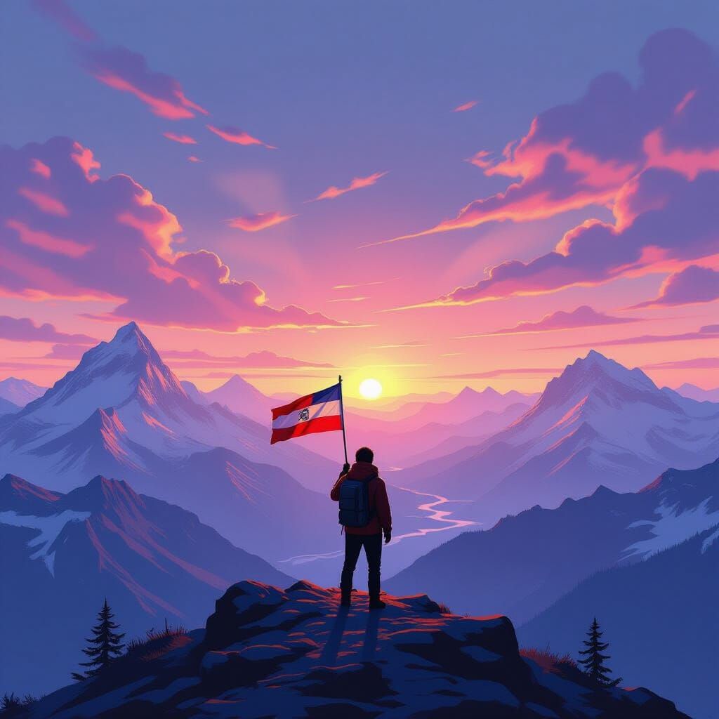 Mountain Traveler at Summit Inspired by Surreal Art