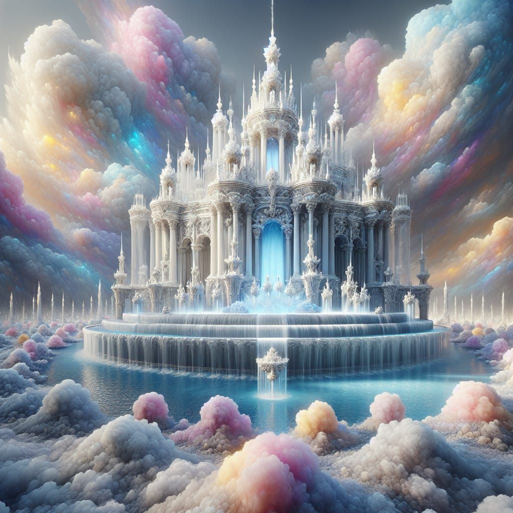 A majestic fountain resembling a grand palace made of clouds. The fountain's structure is composed of fluffy, soft cloud...
