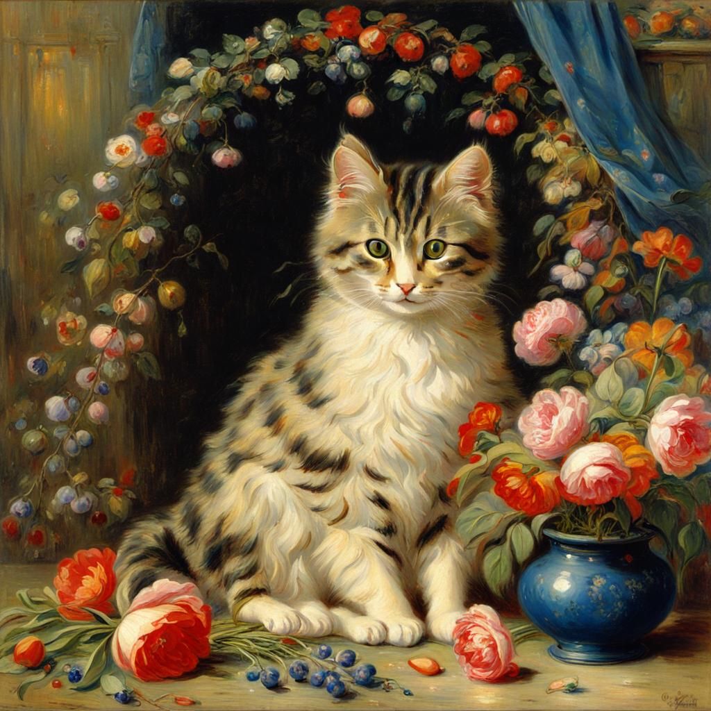 Whimsical Cat in a Floral Setting, in the Style of Historici...