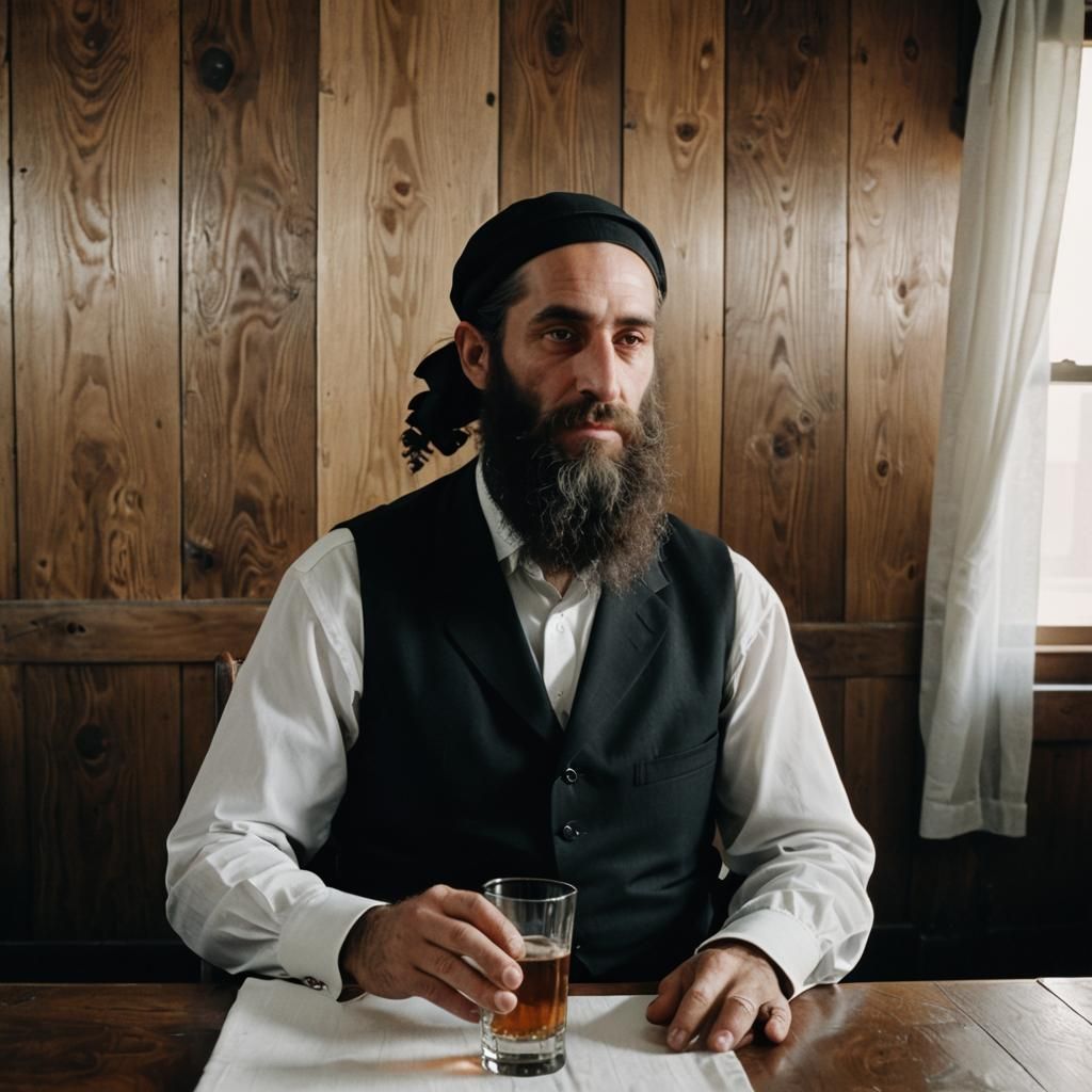 Hasidic Jew Drinking Vodka: Cinematic Film Still