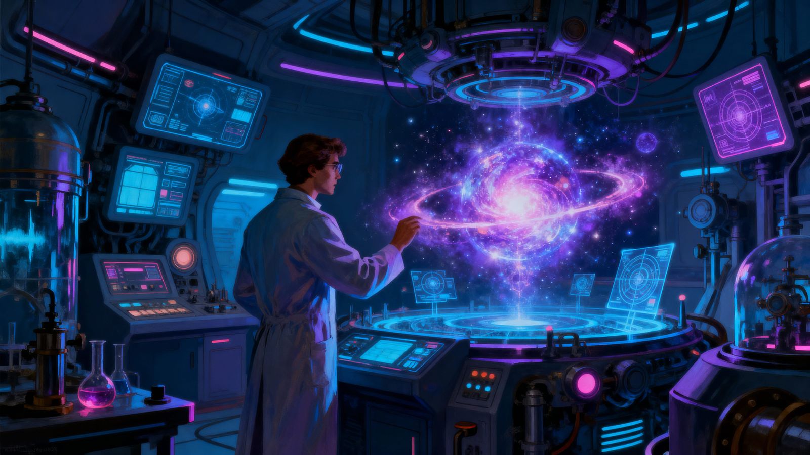 Scientist Examines Cosmic Anomaly in Retro-Futuristic Lab