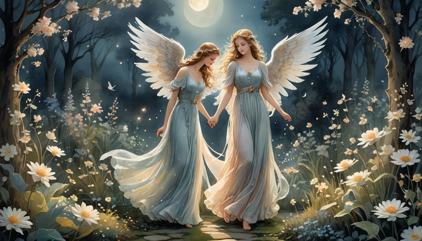 Moonlit Angel in Whimsical Fantasy Garden