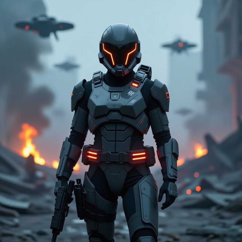 Futuristic Assault Trooper in Gritty Sci-Fi Landscape