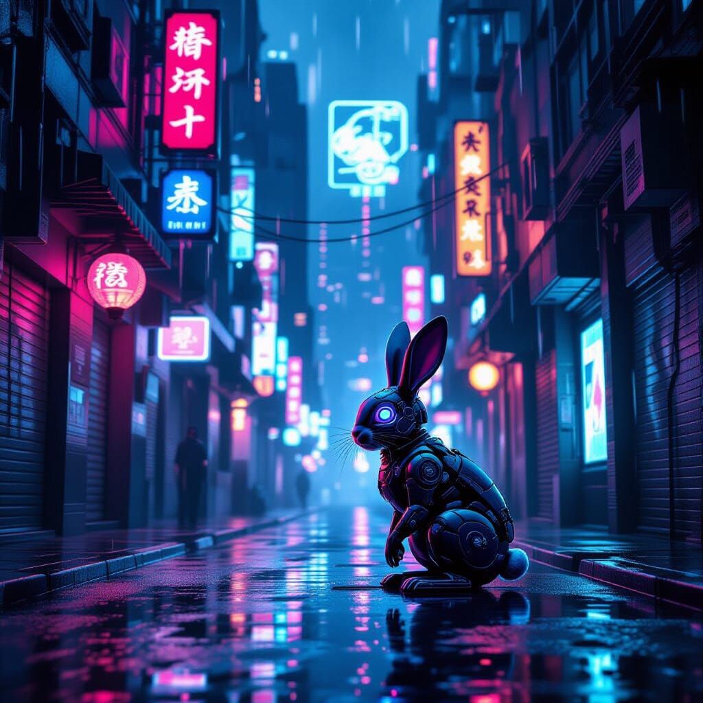Cybernetic Rabbit in Neon City Alleyway