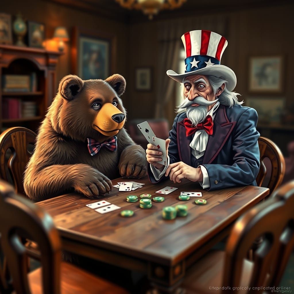 Vintage-Style Bear Plays Cards with Uncle Sam in Cozy Study