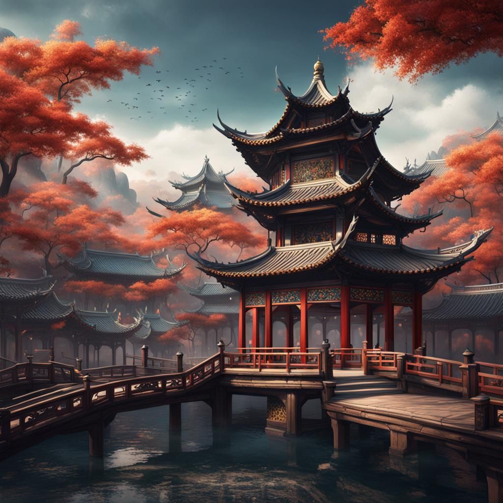 Ink Art Chinese Pavilion in Detailed Matte Painting