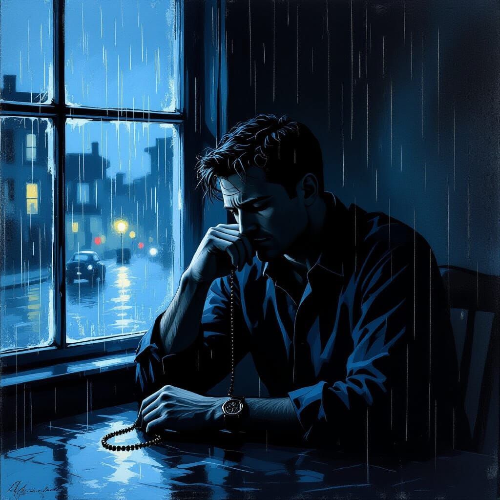 Man With Broken Necklace on Stormy Night