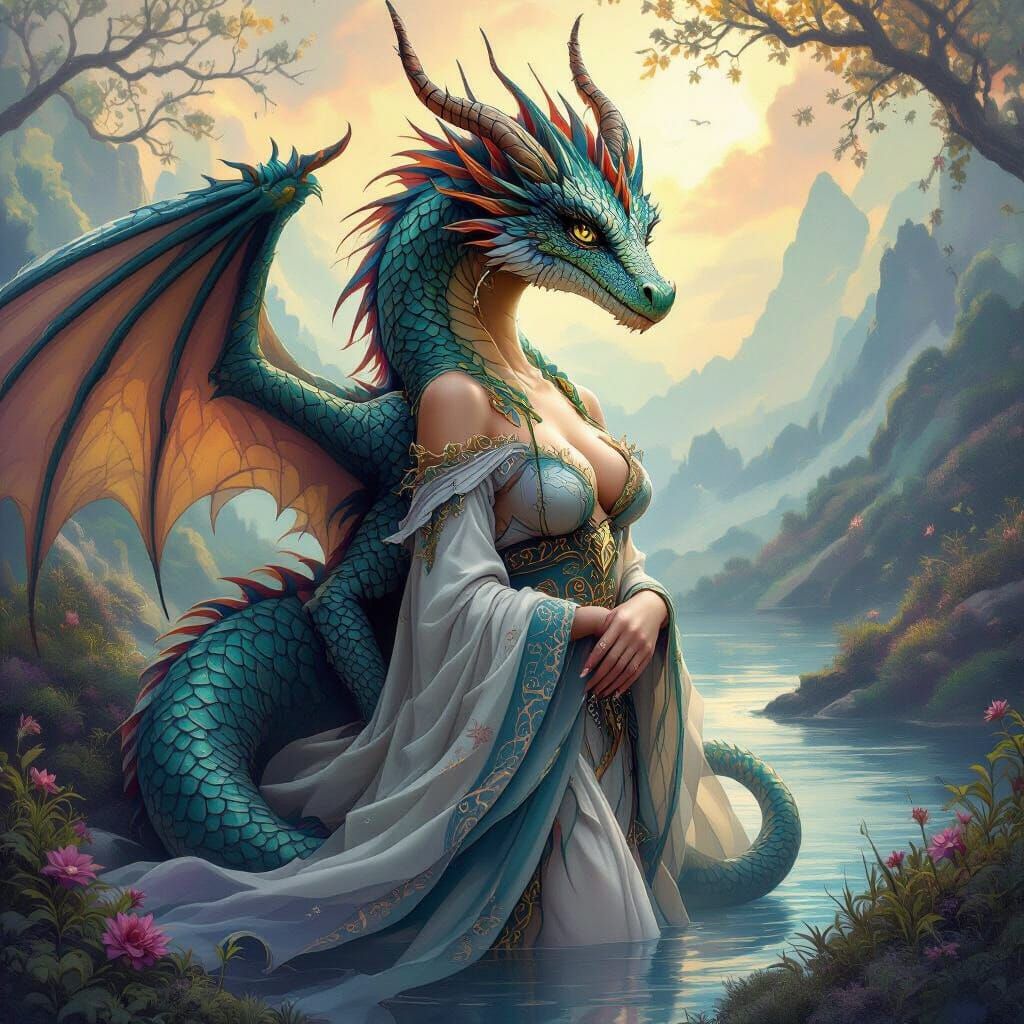 Elegant Female Dragon in Mystical Landscape