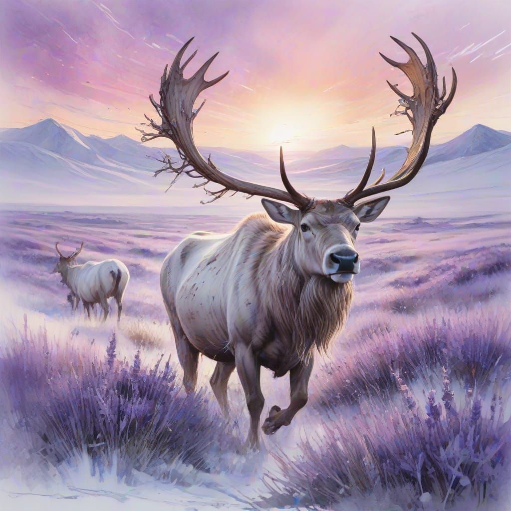 Caribou Herd Under Aurora, in Watercolour Style