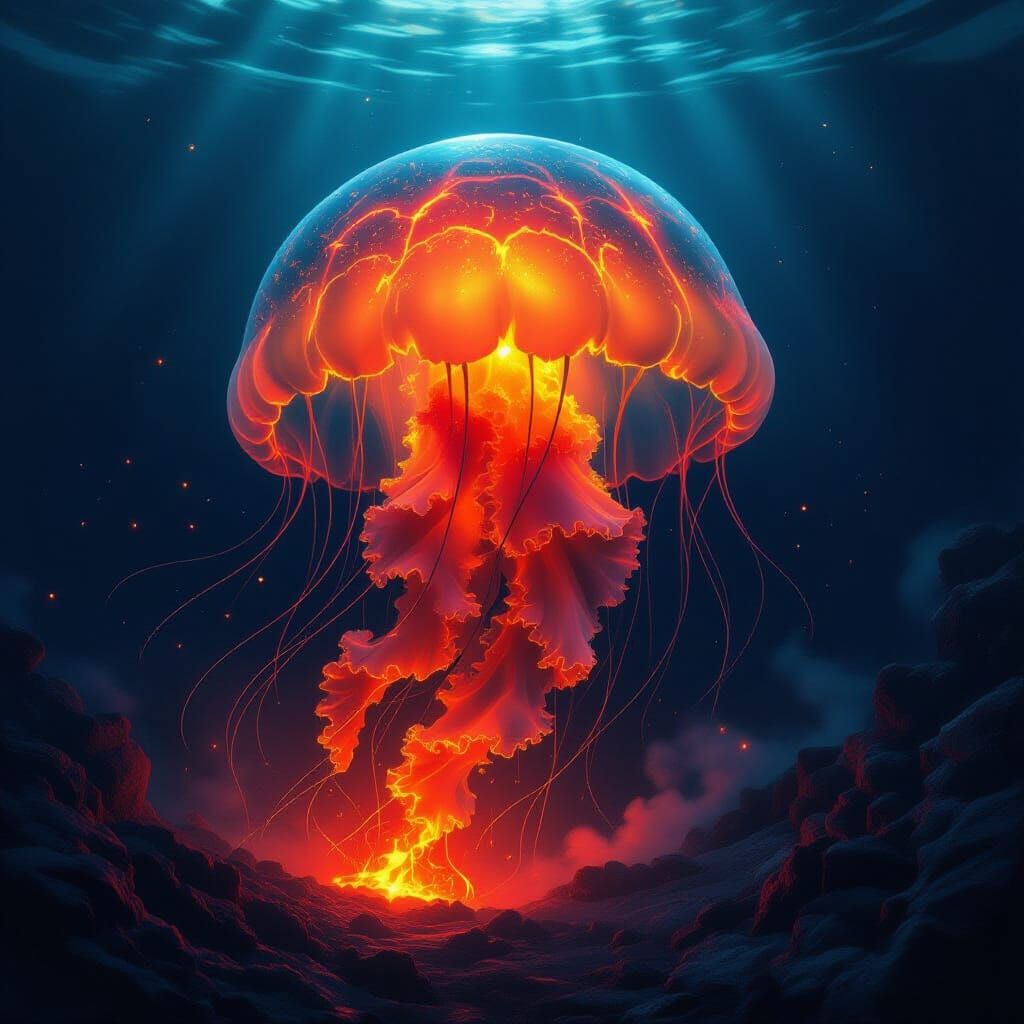 Lava Jellyfish with Bioluminescent Plankton, in Digital Pain...