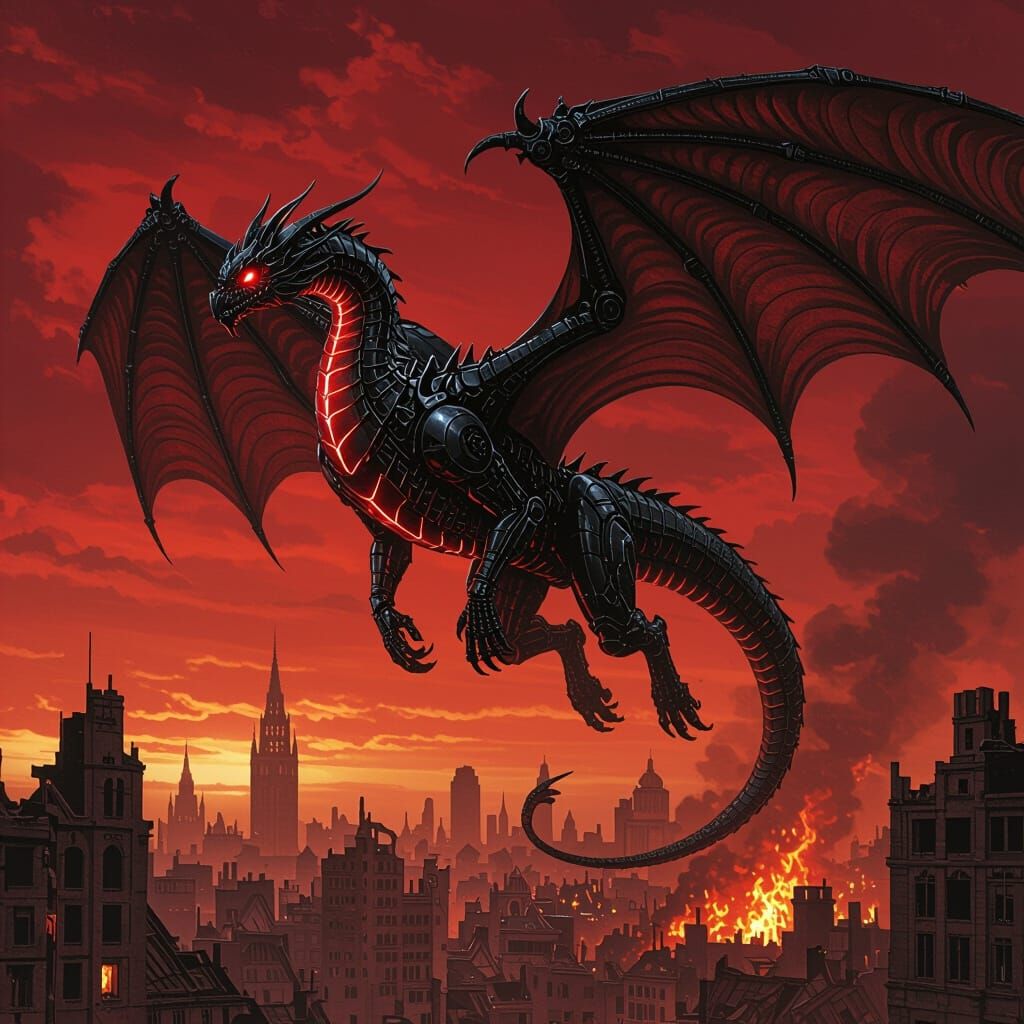 Biomechanical Dragon Soaring Above Burning City