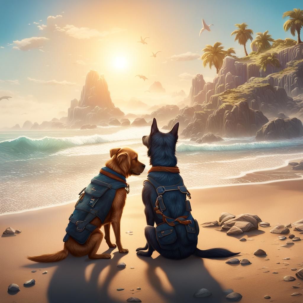 Two Adorable Dogs Hugging on a Sunny Beach