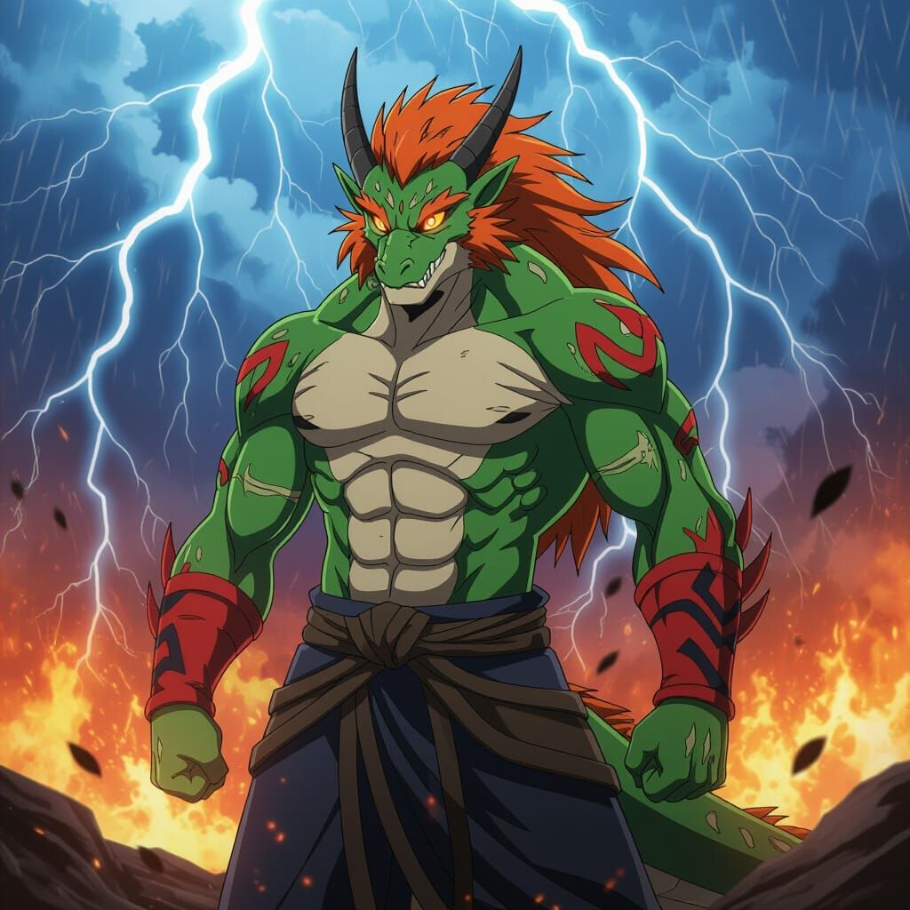 Dragon-Man Amidst Storm in Studio Trigger Style