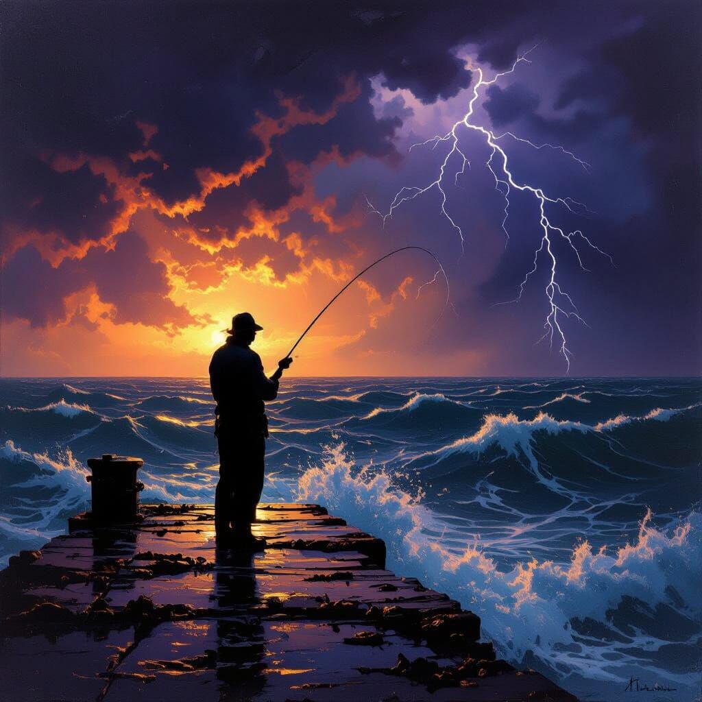 Fisherman's Resilience: Stormy Sea, Dramatic Sky