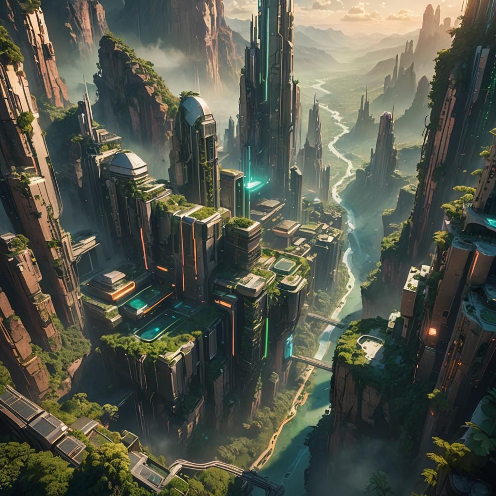 Futuristic Floating City Above Lush Canyon: Concept Art