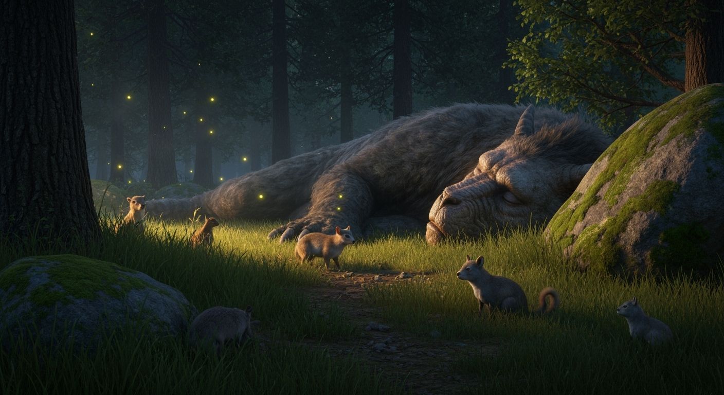 Ancient Creature Rests in Peaceful Forest Clearing at Dusk