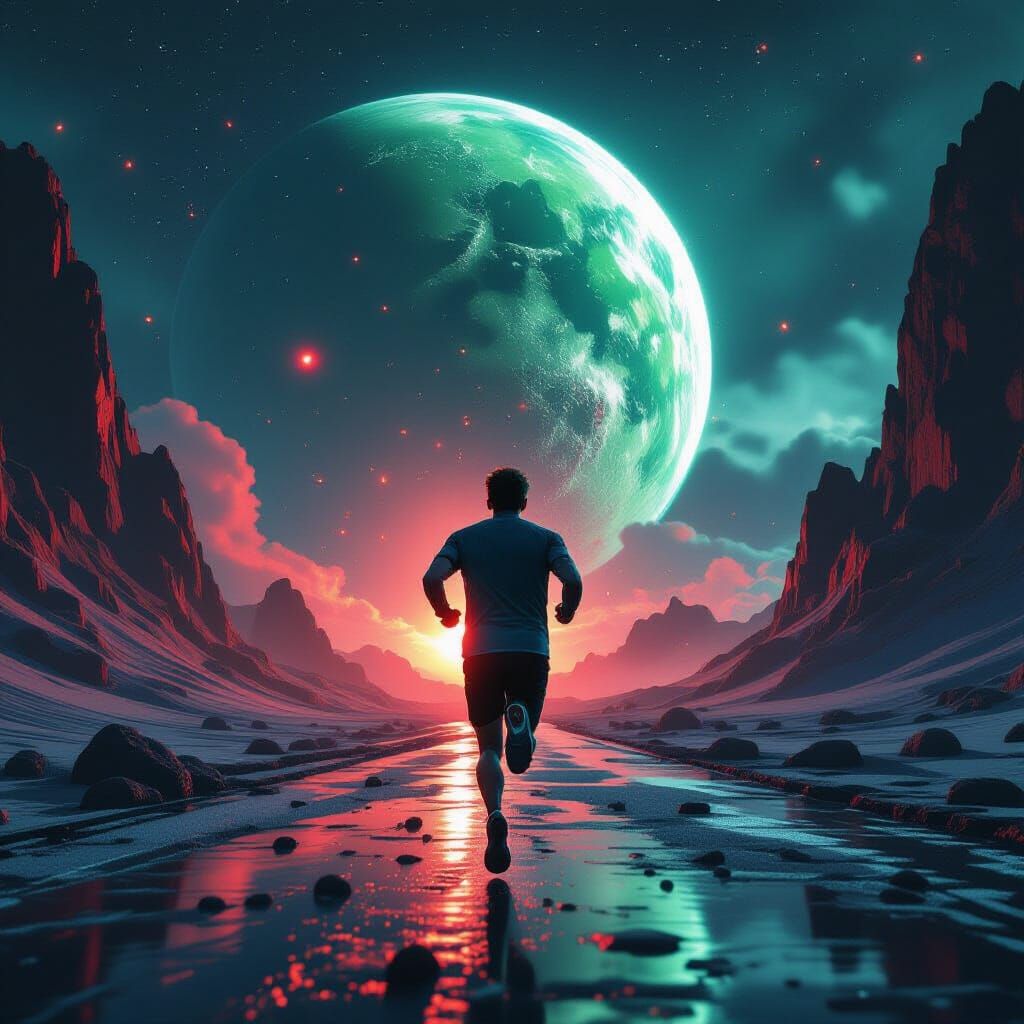 Man Runs to Green Planet in Space