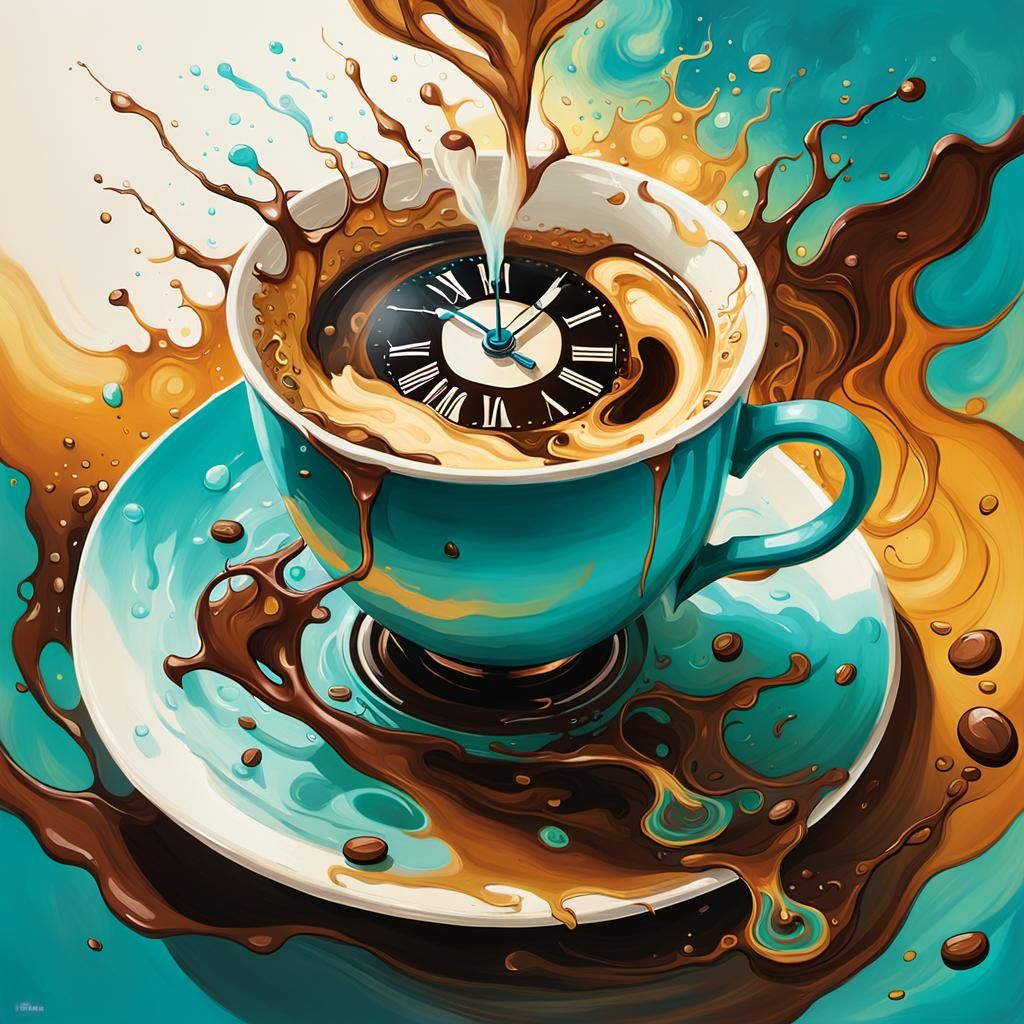 Clock Melts in Coffee Cup: Whimsical Oil Painting