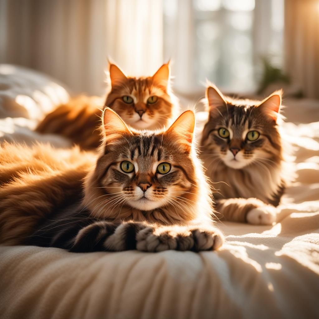 Cats Relaxing on Bed in Soft Focus Style