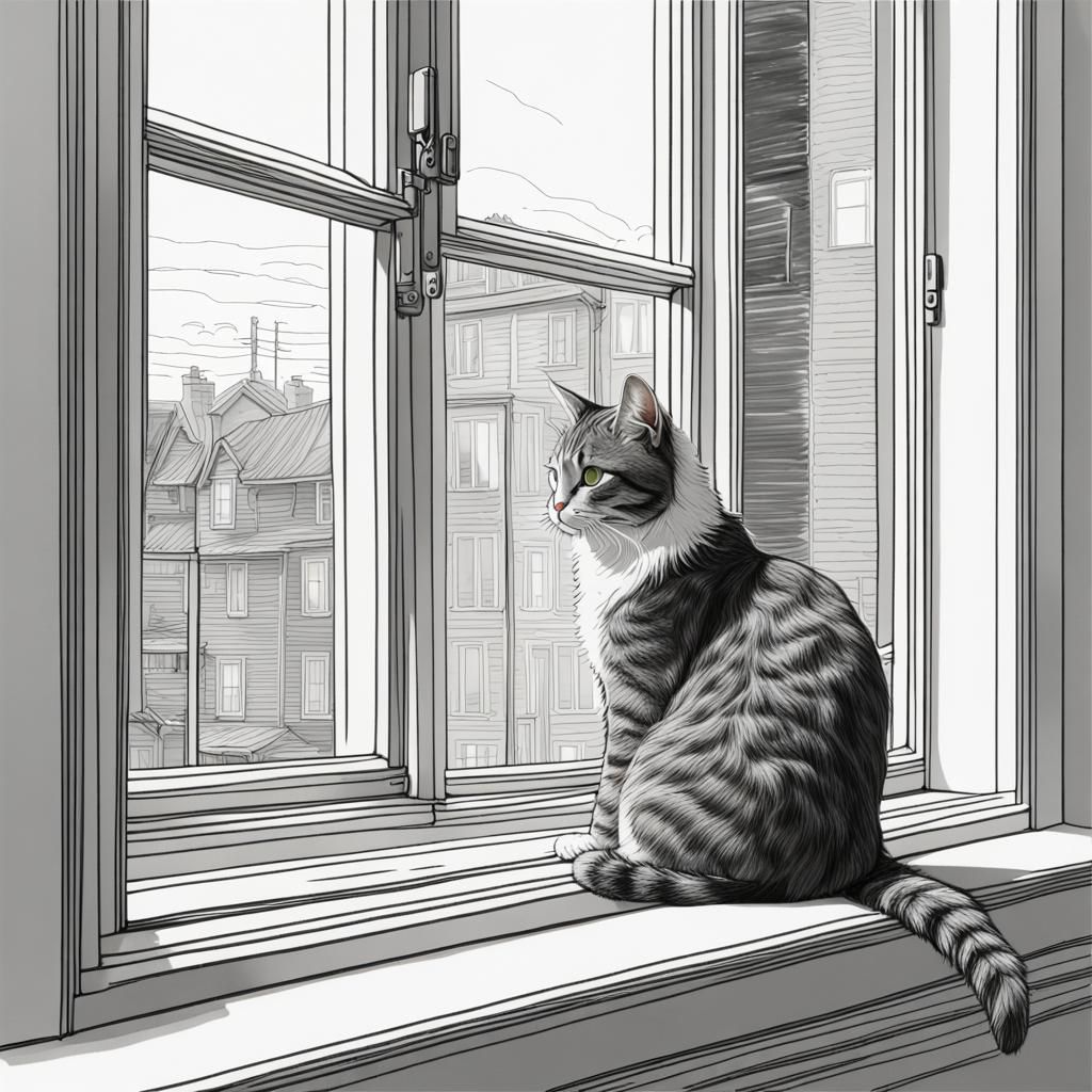 Detailed Line Art of Cat in Window