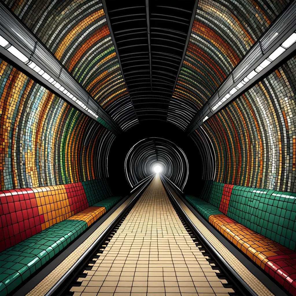 Train in Subway Tunnel Digital Mosaic Art