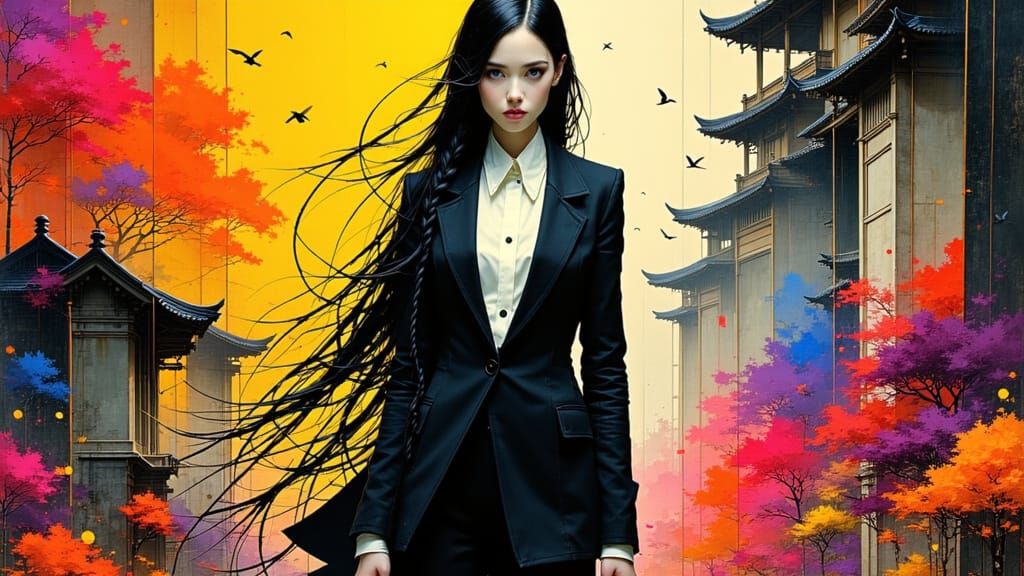 Ghostly Woman in Black and White Suit Amidst Vibrant Colors