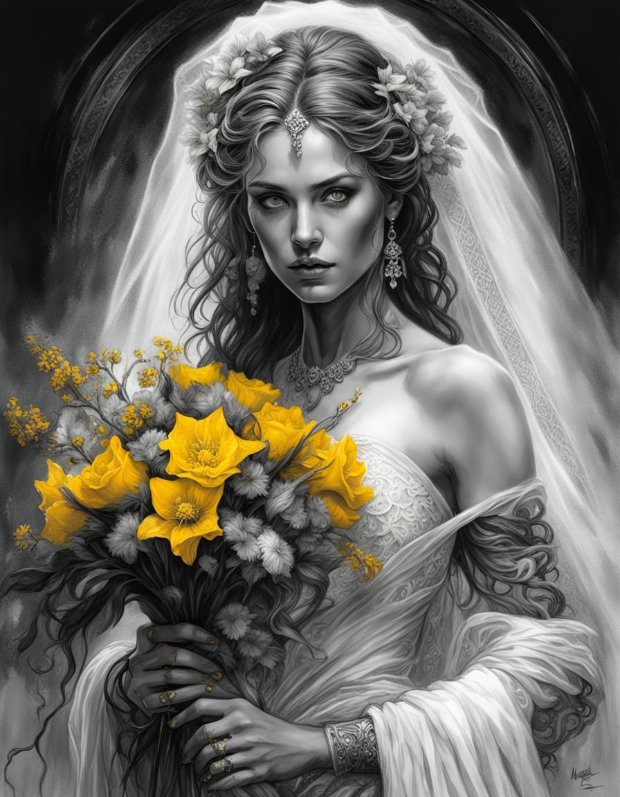 Bride with Yellow Flowers in Black and White, by Royo