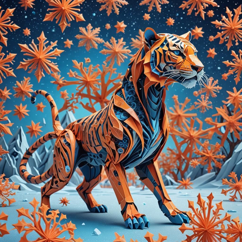 Alien Tiger Creature on Frozen Landscape in Origami Style