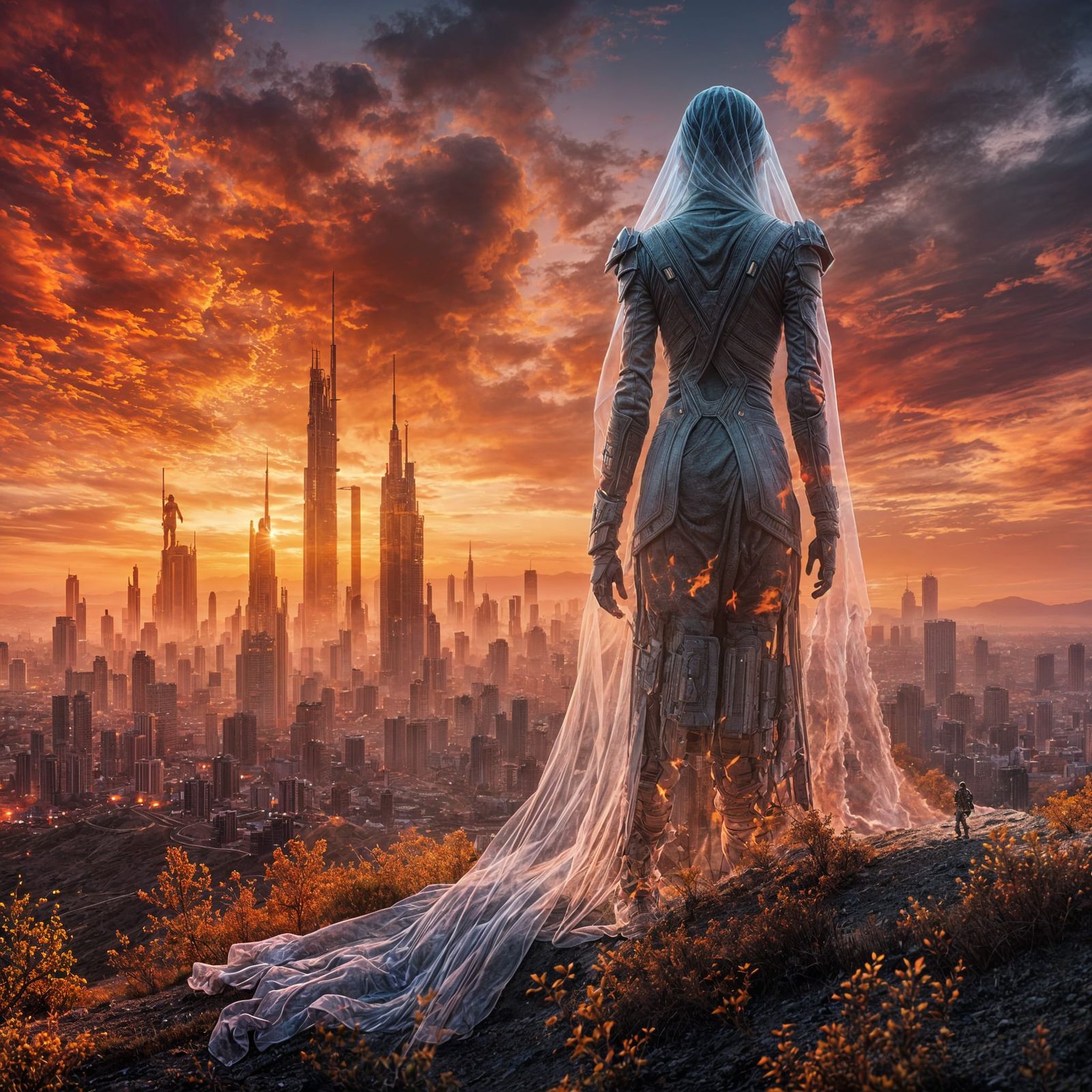 Futuristic Soldier on Hilltop with Fiery Sky