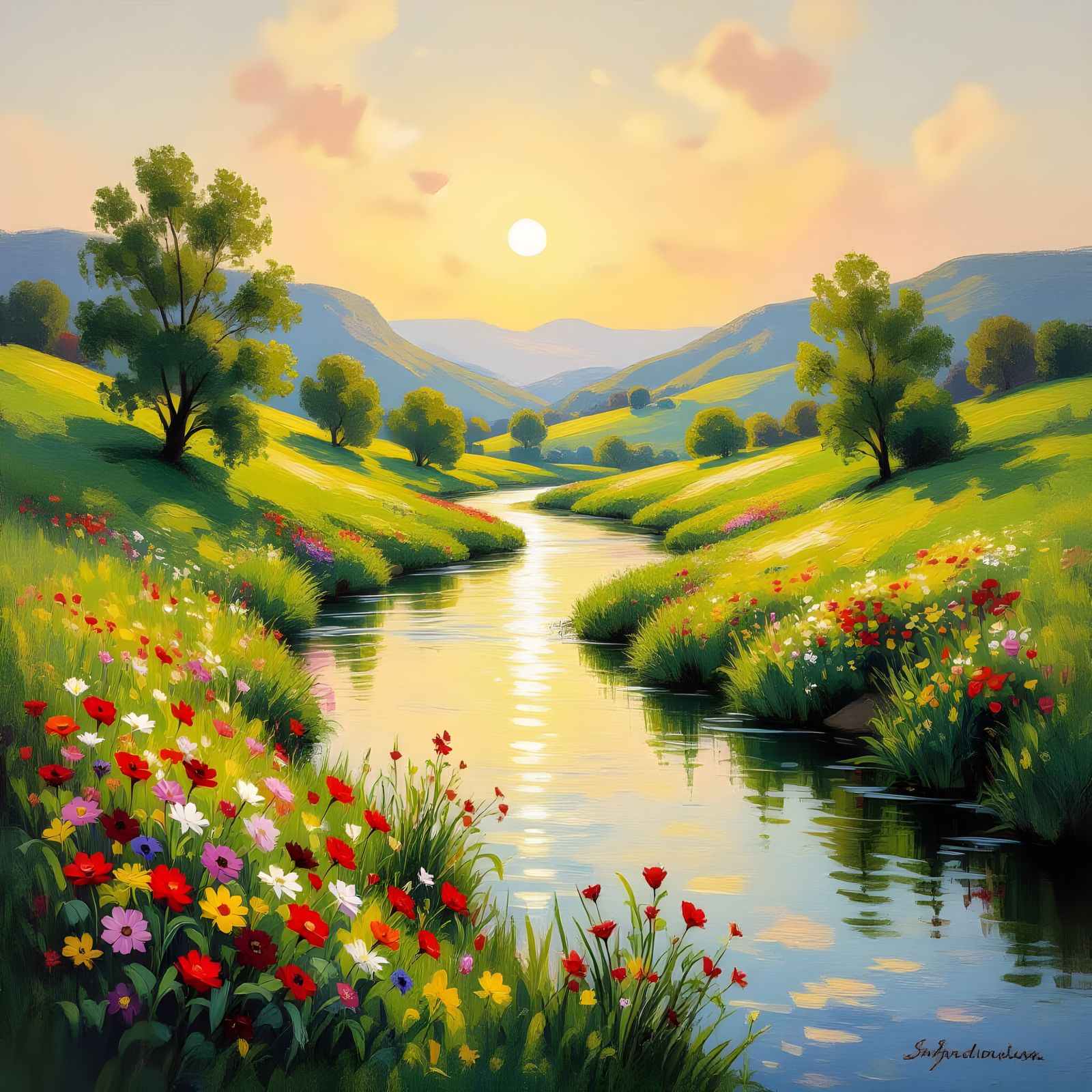 Serene Oil Painting of Vibrant Morning Landscape